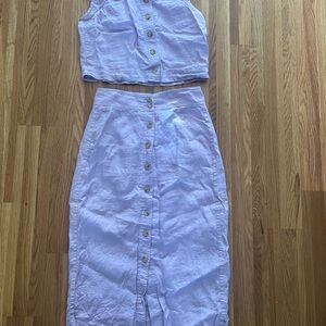 Everlane Lavender Linen Button-Down Skirt and crop top